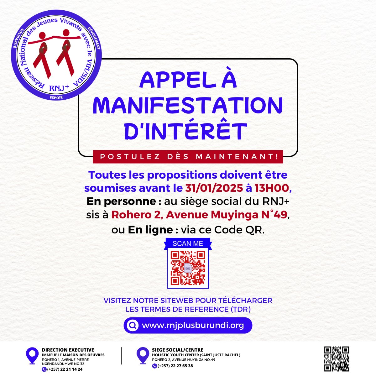 Le RNJ+ lance un appel à manifestation d’intérêt pour sélectionner des prestataires qualifiés (national &amp; international) et mettre à jour sa base de données.

📄 TDRs : rnjplusburundi.org/index.php/offr…
📝 Postulez ici : shorturl.at/DDvPa
<a href="/LeRenouveauBdi/">Le Renouveau</a> <a href="/BurundiEco/">Journal Burundi Eco</a> <a href="/iwacuinfo/">IWACU Burundi</a>