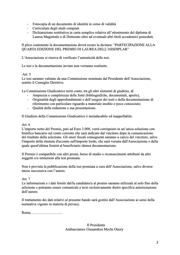 Segnalo agli interessati il bando relativo alla IV edizione del premio di laurea promosso dell'Associazione nazionale diplomatici a.r.  'Costantino Nigra'. La scadenza è il 28 febbraio 2026. Maggiori dettagli  all'indirizzo Internet assdiplar.it/attivita_calen…