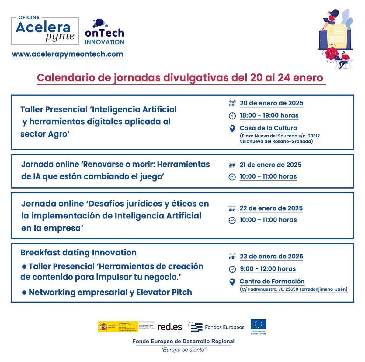 OnTechOAP's tweet photo. Agenda de jornadas gratuitas #AceleraPymeonTech para la próxima semana‼️
Incluye webinar, talleres y una jornada de emprendimiento y networking para impulsar la digitalización de #pymes y autónomos.
Elige la que más se adapte a tu negocio e inscríbete 👇 https://t.co/6HMEaiIqqx https://t.co/V55cCJhdNY