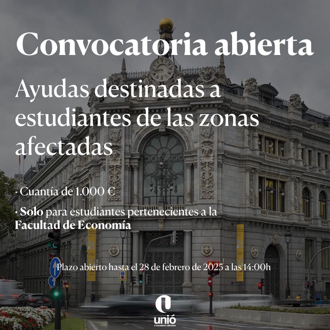 Unio_EV's tweet photo. 🟢 Convocatoria del Banco de España para los estudiantes afectados por la DANA:

🚨 Solo para estudiantes de la Facultad de Economía 

⏰ El plazo para solicitarla está abierto hasta el 28 de febrero a las 14:00 h.

Para más información👇🏼

https://t.co/xxe8Cymtq8 https://t.co/BrfwM5S0l5