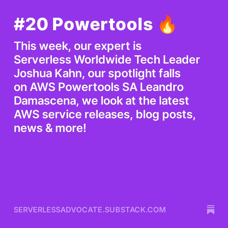 Serverless Advocate 🥑 (@leejamesgilmore) on Twitter photo 🌟 Issue 20 of the Serverless Advocate Newsletter is out now! 👇
serverlessadvocate.substack.com/p/20-powertool…
This week, our serverless expert is AWS Worldwide Tech Leader <a href="/joshuaakahn/">Joshua Kahn</a>, and our spotlight falls on AWS Principal SA <a href="/LeoCDamascena/">Leandro Damascena - Pai de Helena</a>! 💙
Please share & subscribe to the newsletter!🔔 🌟 Issue 20 of the Serverless Advocate Newsletter is out now! 👇
serverlessadvocate.substack.com/p/20-powertool…
This week, our serverless expert is AWS Worldwide Tech Leader <a href="/joshuaakahn/">Joshua Kahn</a>, and our spotlight falls on AWS Principal SA <a href="/LeoCDamascena/">Leandro Damascena - Pai de Helena</a>! 💙
Please share & subscribe to the newsletter!🔔