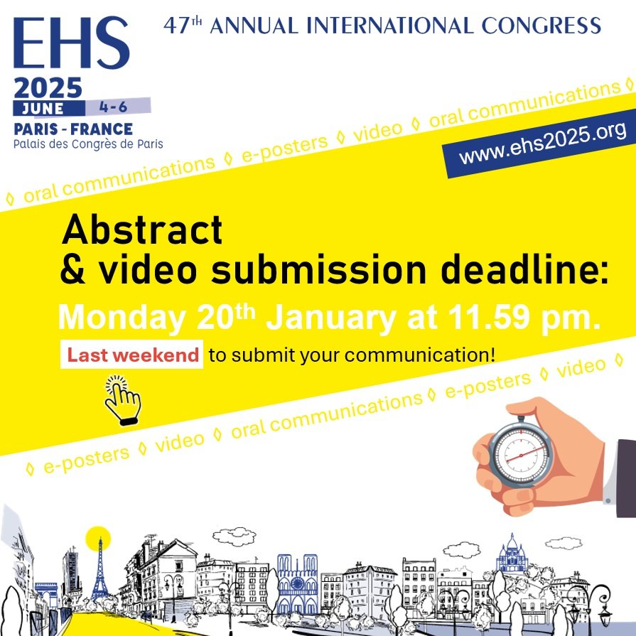 ✨ On behalf of #EHS2025Paris organizing team, we wish you all the best for 2025! 

Let’s make 2025 a year to remember - see you in Paris from 4 to 6 June 2025 at the EHS Annual #HerniaCongress.

🗓️ Don’t miss the ABSTRACT DEADLINE: Monday 20 January at 11.59 pm.

🌐