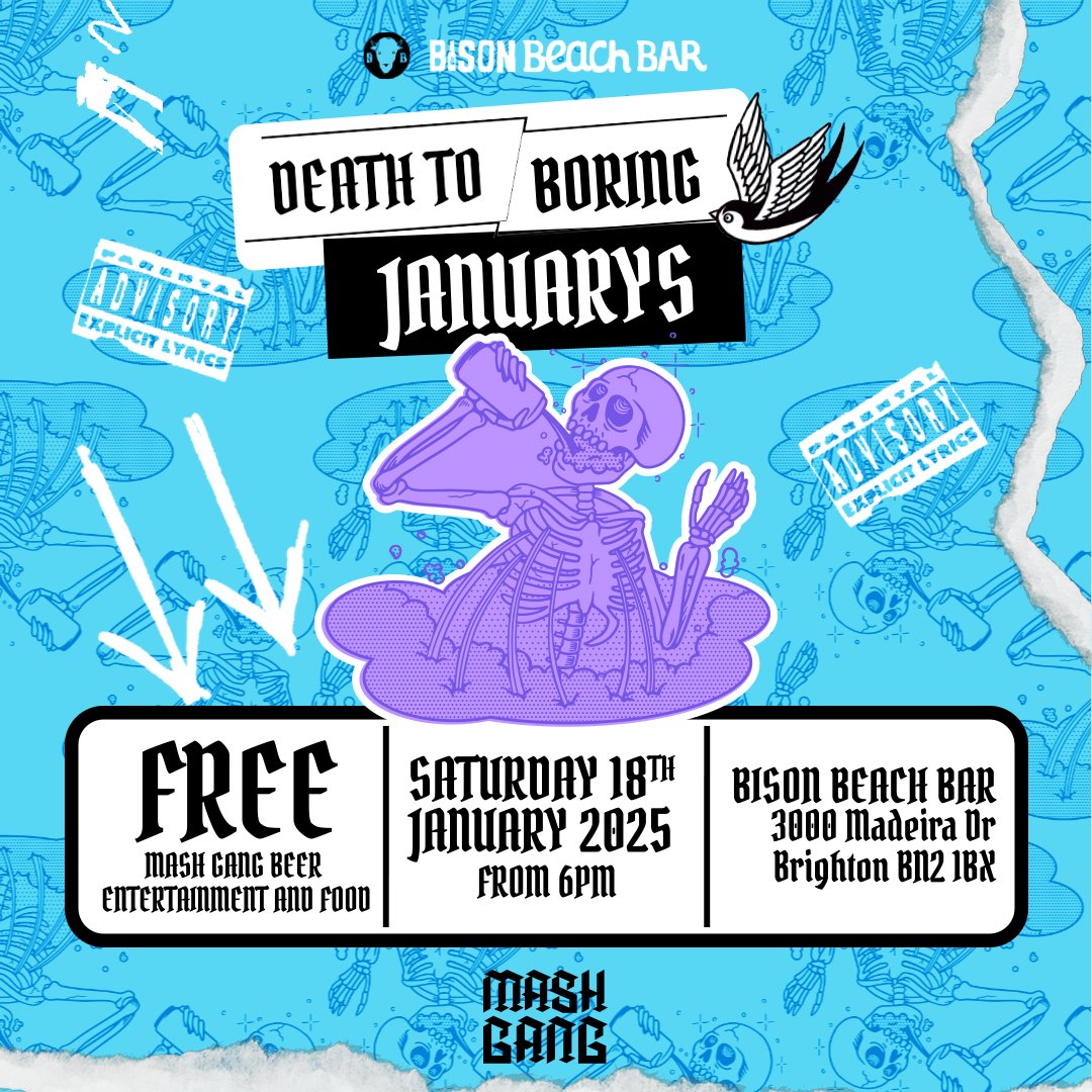 gang_mash's tweet photo. Our big death to boring January wake/party is tomorrow at the Bison Beach Bar in Brighton! Free beer, free food, free DJs and MCs, come join us for a little bit of mayhem! 💀
#MashGang #NeverOffStage #NoAlc #AlcFree #Brighton #Etc https://t.co/jRD5fzZJNf