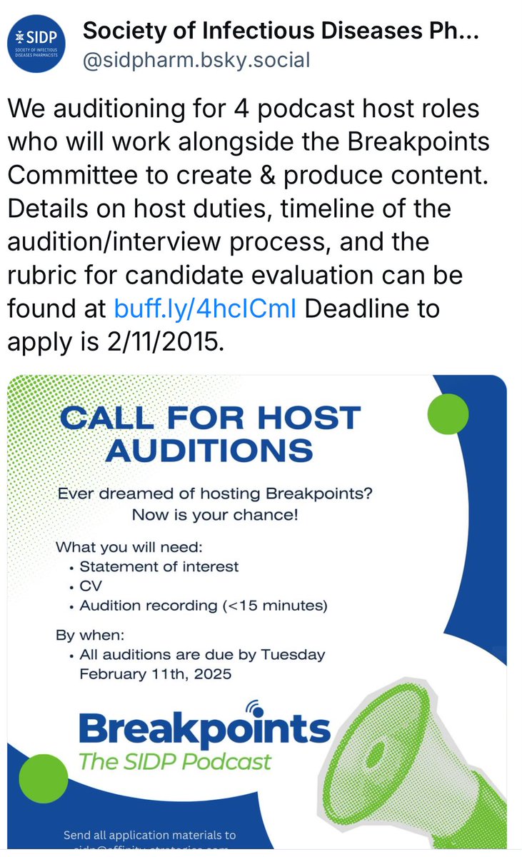 📢 ‼️ Have you ever wanted to host Breakpoints? Now is your chance! Looking for engaging <a href="/SIDPharm/">SIDP</a> members to audition to host everyone’s favorite podcast. Details can be found at: buff.ly/4hcICmI