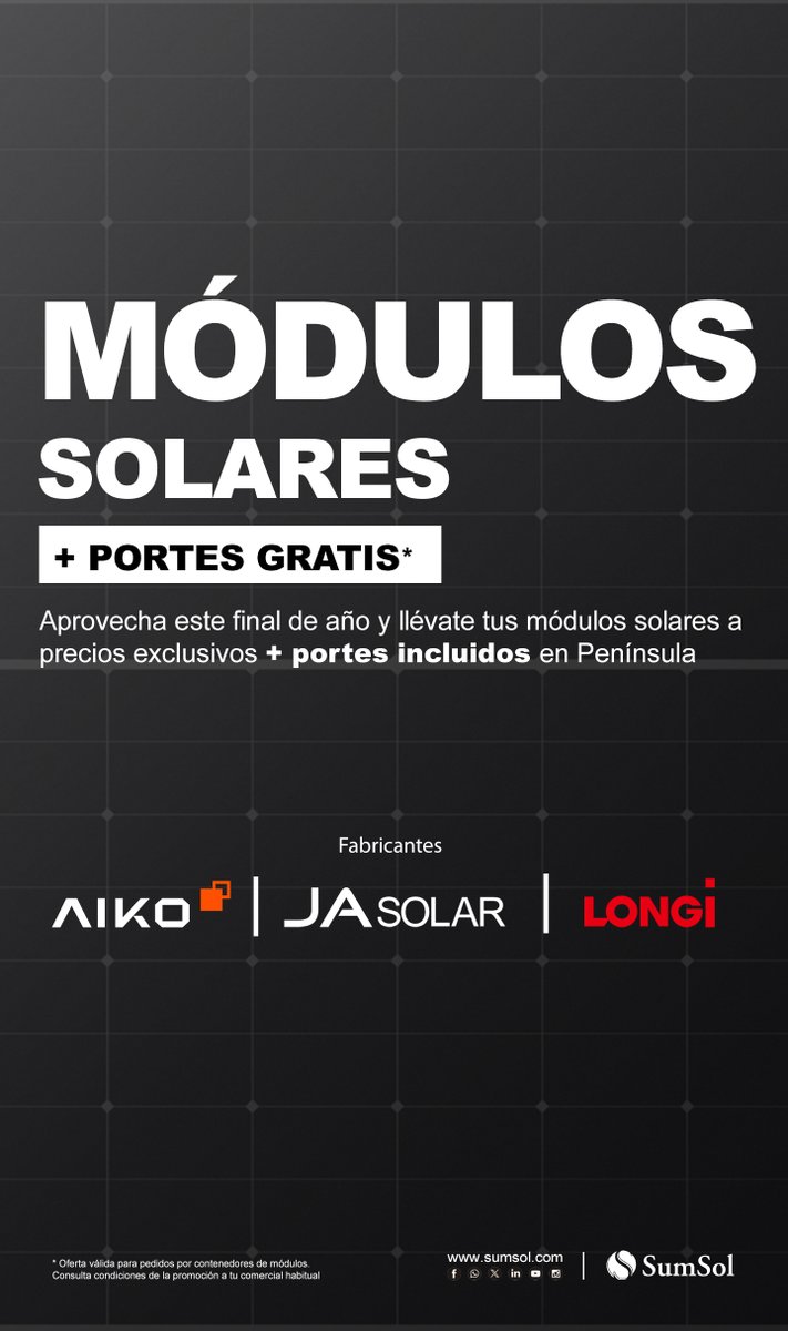 🌞Este 2025 aprovecha nuestras ofertas en paneles de última generación de @AIKOEnergy, <a href="/JASolar/">Jim Li</a> y <a href="/LongiSolar/">LONGi Solar</a> y llévatelos con envío GRATIS*  📩 Contáctanos para ver condiciones: comercial@sumsol.es.

🛒 Haz tu pedido hoy mismo en nuestra tienda online 👉sumsol.com/3-m%C3%B3dulos…