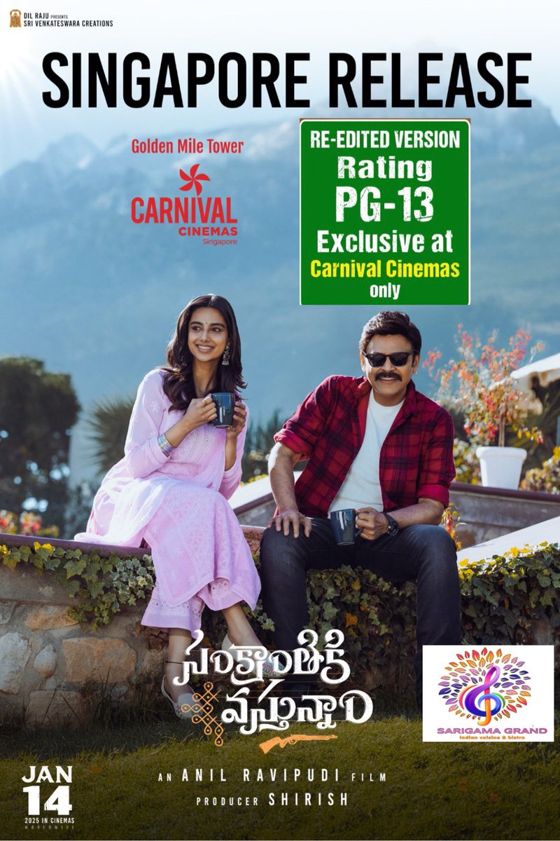 meverick444's tweet photo. #SankranthikiVasthunam Recensored Version with PG-13
For Family Audience at Carnival Cinemas 

#Venkateshdaggubati @aishu_dil @Meenakshiioffl @AnilRavipudi 
@SVC_official @DilRajuOff_ 
#Sankranthi #pongalfestival @DilRajuProdctns #AnilRavipudi https://t.co/Xs8sJixVtP
