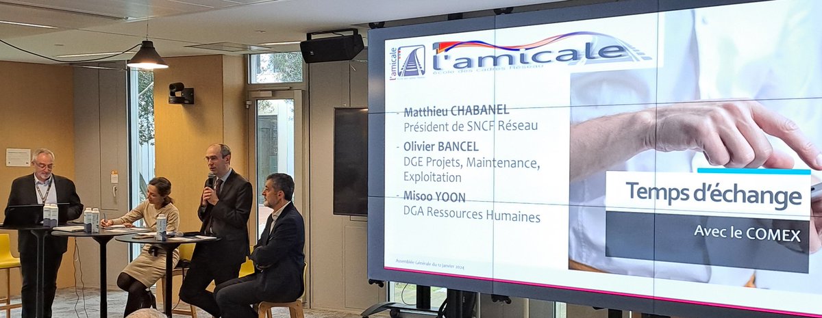 Début du temps d'échange avec Matthieu Chabanel Président de <a href="/SNCFReseau/">SNCF Réseau</a>, Olivier Bancel Directeur Général Exécution Projets, Maintenance, Exploitation et Misoo Yoon Directrice Générale Adjointe Ressources Humaines <a href="/chabanelm/">Matthieu Chabanel</a>
