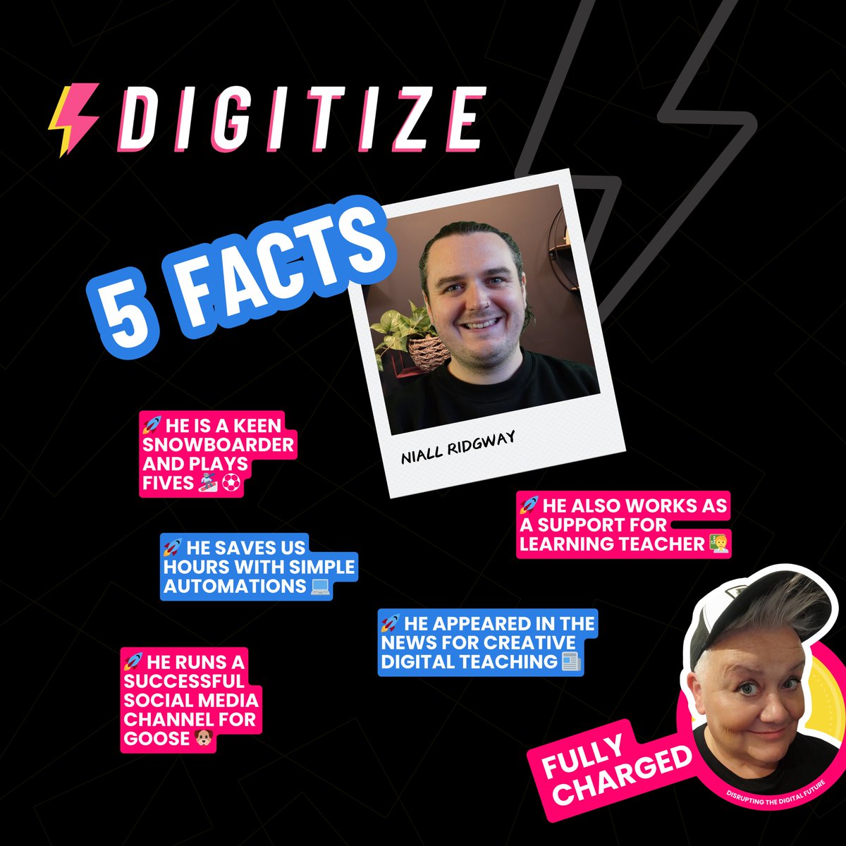 Digitize (@digitizecrew) on Twitter photo 5 facts about <a href="/NiallRidgway/">Niall Ridgway</a> ๐คฉ
๐ He is a keen snowboarder and plays fives ๐
๐ He also works as a Support for Learning Teacher ๐งโ๐ซ
๐ He saves us hours with simple automations ๐ป
๐ He appeared in the news for creative digital teaching ๐ฐ
๐ He runs social media for Goose ๐ถ 5 facts about <a href="/NiallRidgway/">Niall Ridgway</a> ๐คฉ
๐ He is a keen snowboarder and plays fives ๐
๐ He also works as a Support for Learning Teacher ๐งโ๐ซ
๐ He saves us hours with simple automations ๐ป
๐ He appeared in the news for creative digital teaching ๐ฐ
๐ He runs social media for Goose ๐ถ