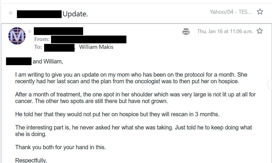 NEW ARTICLE: IVERMECTIN and FENBENDAZOLE TESTIMONIAL - 60s year old Nebraska woman with Stage 4 Lung Cancer was saved from Hospice after only 1 month!

I recently helped save a Cancer patient from HOSPICE.

THE STORY:
60s year old woman with Stage 4 Lung Cancer in both lungs and