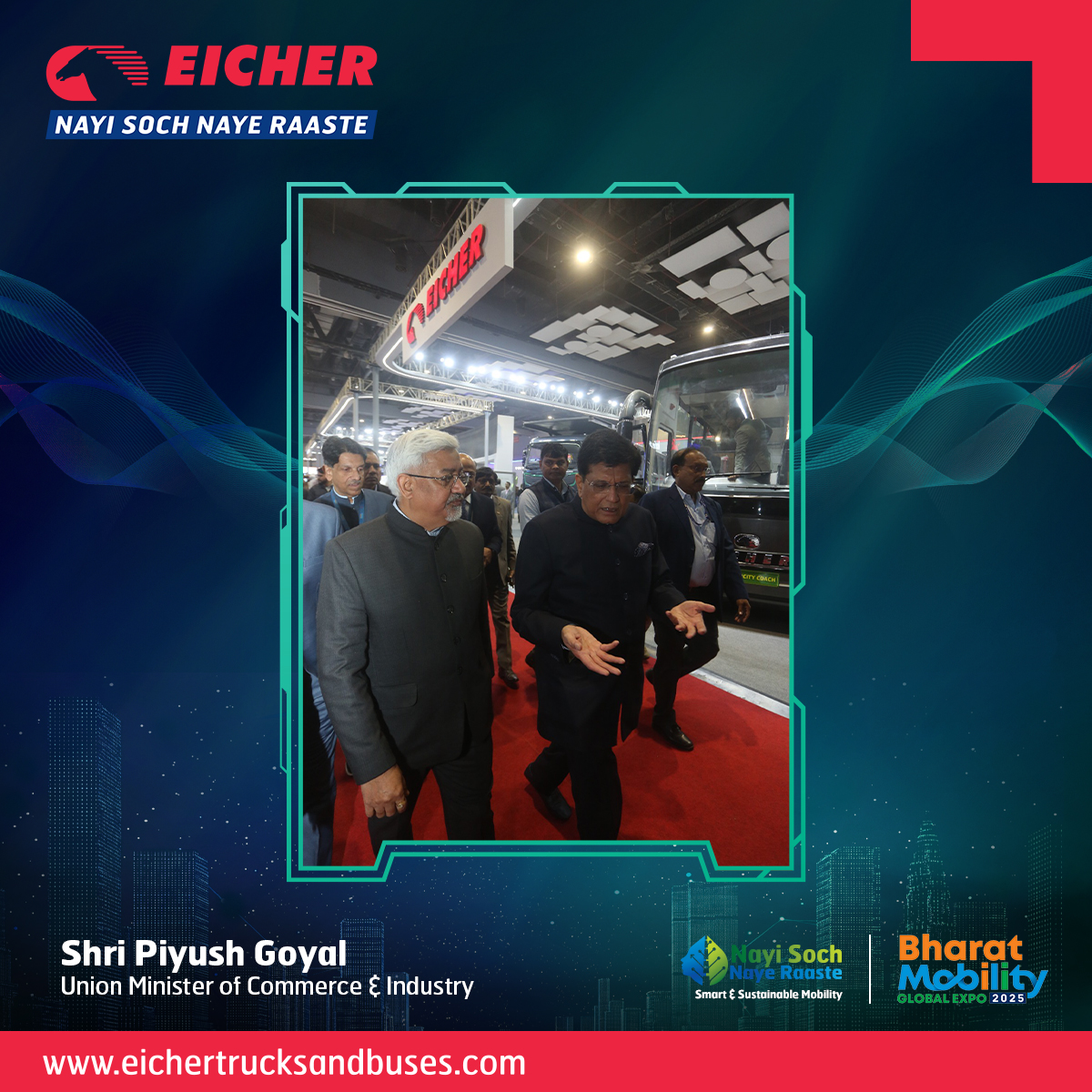 ETBIndia's tweet photo. We are delighted to share that Shri Piyush Goyal, Union Minister of Commerce and Industry, honored us with his presence at Eicher's exhibition during the Bharat Mobility Expo.
#EicherAtBME #MobilityForTomorrow #SustainabilityInMotion #Expo #AutomobileExpo #Expo2025 https://t.co/hjiyvaZ5wN