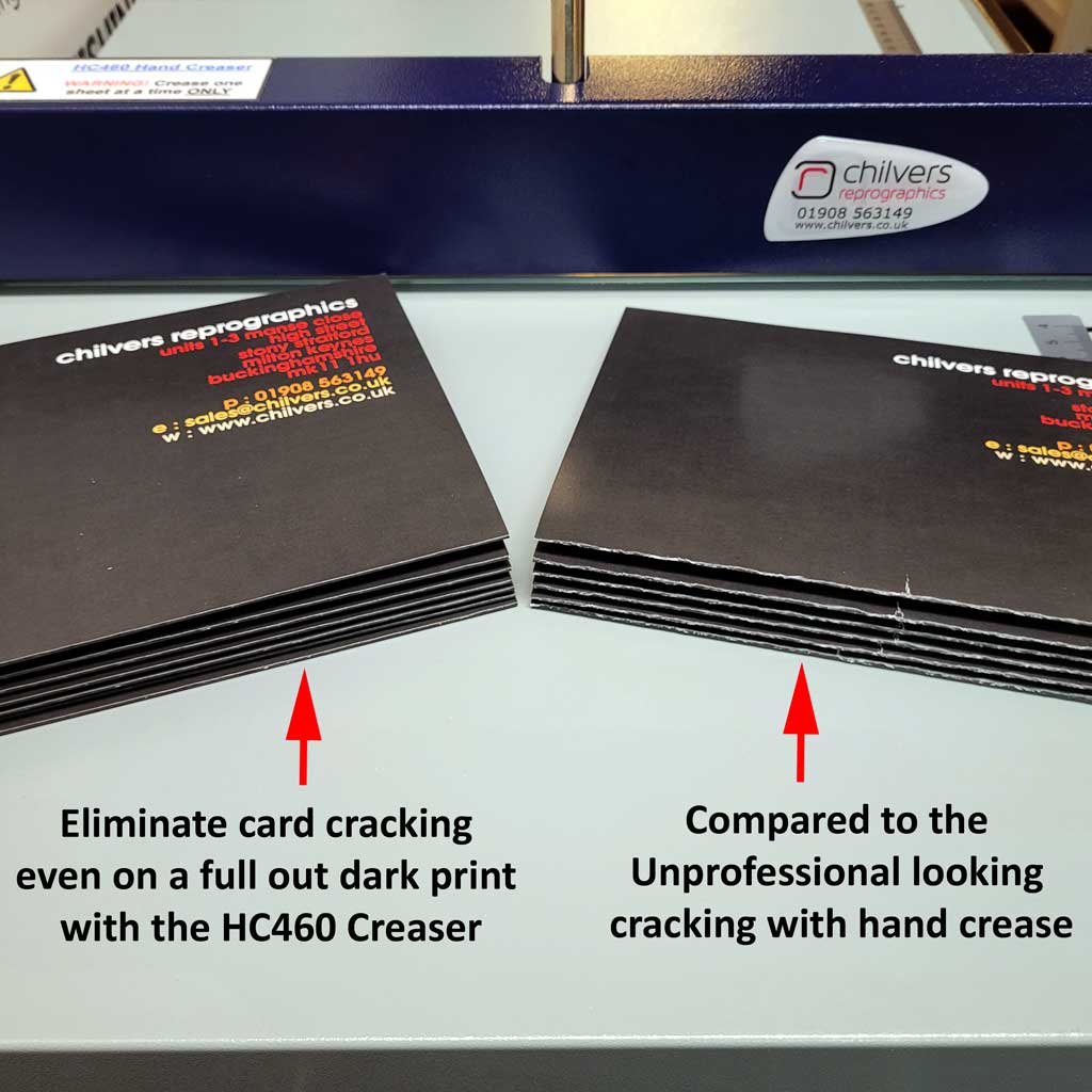 chilversrepro's tweet image. There's no cracking with the HC460 #creaser even on a full out dark print, look at the difference when compared to the unprofessional looking cracking on the hand creased card.

Available to order on our website for just £145+vat 👇
chilvers.co.uk/products/hc460…

#creasingmachine