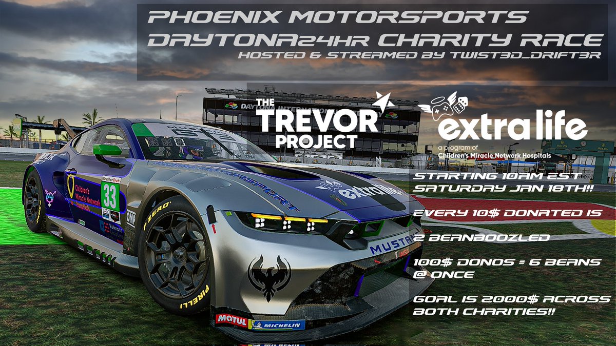 PXM_Motorsports's tweet photo. This Daytona is just a lil more important for us this year as we're raising money for both @ExtraLife4Kids and @TrevorProject as our driver and team owner @Twist3d_Drift3r streams his perspective and spotter view of our @iRacing entry for 24hrs starting Saturday @ 10am EST https://t.co/sH36iDv8bU