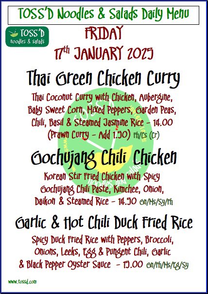 TOSSD's tweet photo. FRIDAY: 17/01/2025
CALL & COLLECT - Call 018291607
.
.
.
#tossd #lunchdublin #noodles #ramen #lunch #chqdublin #lovindublin #restaurants #food #LunchTime #eat #fresh #thaifood #vegetarian #vegan #lunchbreak #lunchspecial #lunchmenu #asianeats #asianfood #thai #dublinfoodie https://t.co/C3ZFJv6GkH