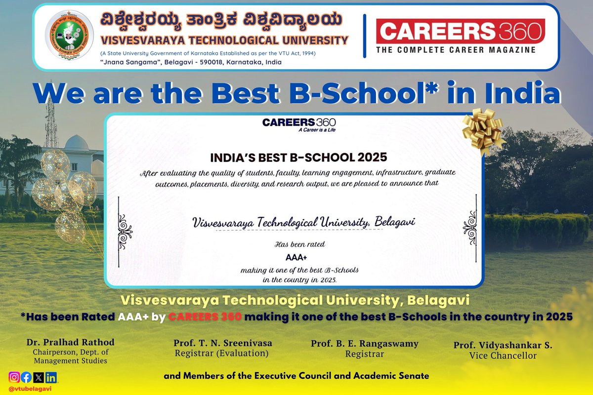 VTU_OFFICIAL_PR's tweet photo. We are rated AAA+ by @careers360 in 2025, making it one of the best B-Schools in the country!
#VTU #Careers360 #AAAPlus #ExcellenceInEducation #BestBSchool @allaboutbelgaum https://t.co/JAogblzAzE