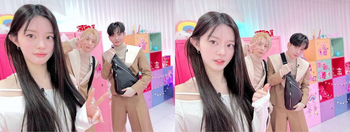 beaminju's tweet photo. 📸! I snapped a self-portrait, but I don’t know why they were standing behind me, it's funny yet cute. thanks to leehan and myungjae sunbaenim for coming to minju’s pink cabinet! https://t.co/N2Q742AHf0