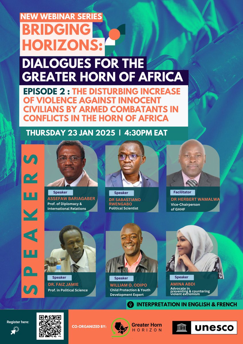 <a href="/UNESCO/">UNESCO 🏛️ #Education #Sciences #Culture 🇺🇳</a> <a href="/UnescoEast/">UNESCO Eastern Africa</a> <a href="/HugueNgandeu/">Hugue Ngandeu</a> <a href="/gabramosp/">Gabriela Ramos</a> <a href="/AKefale45672/">Asnake Kefale</a> <a href="/Emolot_AD/">Emolot Allan David</a> <a href="/Fatoumabarkat/">Fatouma M. Barkat</a> <a href="/UNDjibouti/">United Nations | Djibouti</a> <a href="/_AfricanUnion/">African Union</a> <a href="/AUYouthProgram/">African Union Youth Program</a> 🌍 [#Webinar 2] Join us for the 2nd episode of our #Dialogues for the Greater #HornOfAfrica series!🇩🇯🇪🇹🇪🇷🇰🇪🇸🇴🇸🇸🇸🇩🇺🇬 

📌 Topic: The Disturbing Rise of Violence Against Civilians in the Horn of #Africa
🗓 Jan 23rd | 4:30 PM EAT | 1:30 PM GMT
🌐 English &amp; French interpretation
