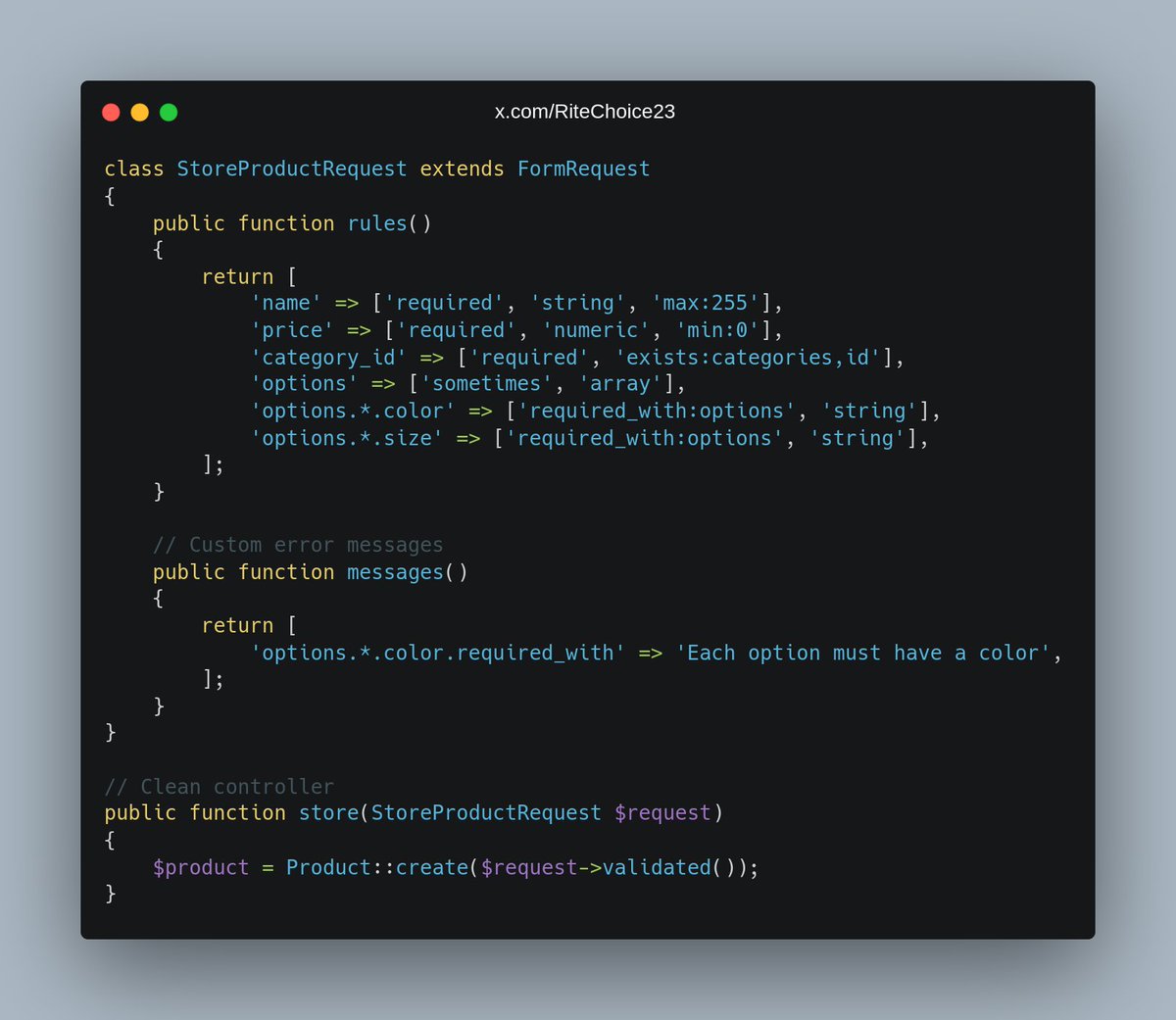 RiteChoice23's tweet image. Simplify Complex Form Validation with Form Request Classes 🎯
Stop bloating your controllers with validation logic! Form requests provide a clean way to validate incoming HTTP requests and handle authorization.
#Laravel #LaravelValidation #LaravelTips