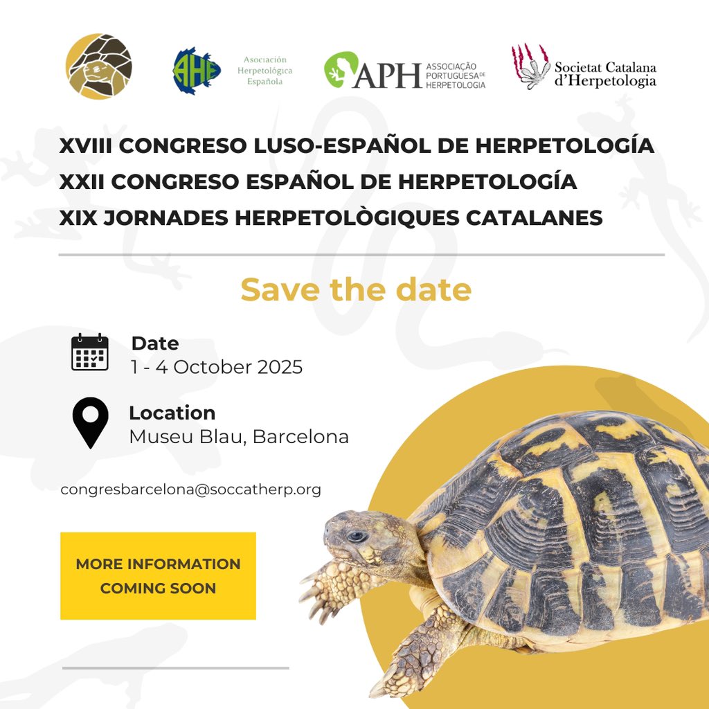herpBCN2025's tweet photo. Save the Date! 

We’re thrilled to announce the XVIII Congreso Luso-Español de Herpetología, the XXII Congreso Español de Herpetología, and the XIX Jornades Herpetològiques Catalanes, which will take place from October 1–4, 2025, at the Museu Blau in Barcelona. https://t.co/xokttQnhYQ