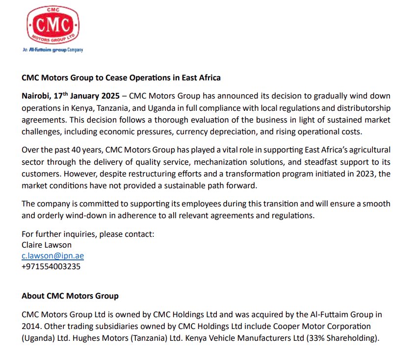 smutoro's tweet image. Business exodus: CMC Motors Group exits Kenya, Uganda and Tanzania after 40 years, citing sustained market challenges, including economic pressures, currency depreciation, high taxation and rising operational costs.m #FDIs