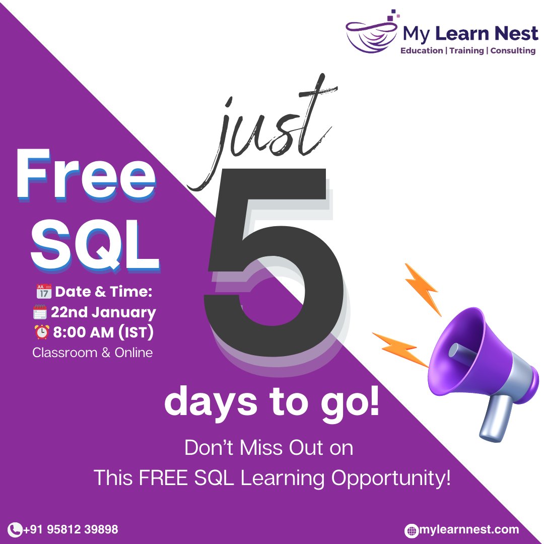 MylearnNest's tweet photo. 🚀 Countdown Alert! Only 5 days to go for the free SQL Course!

📅 Date &amp; Time:
🗓 22nd January
⏰ 8:00 AM (IST)

🔗 Register Here:
https://t.co/NruyNr0Lgw

#FreeSQLCourse #SQLTraining #LearnSQL #SQLForBeginners #SQLMastery #SQLFreeCourse #CareerInTech #MyLearnNestAcademy https://t.co/bDBTpLOqKu
