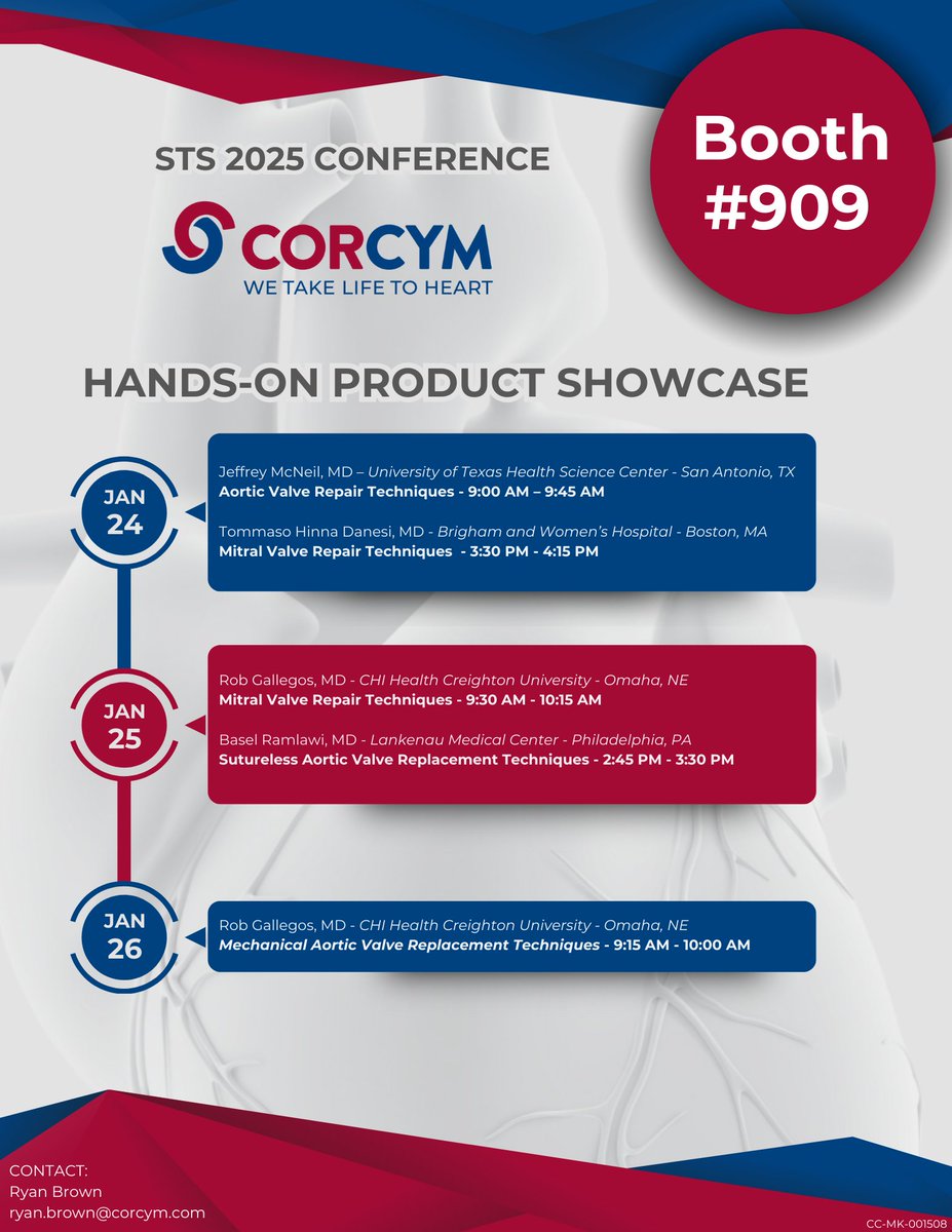 CORCYM_OFFICIAL's tweet photo. Are you attending #STS2025?
Come visit us at Booth #909 to experience our Hands-On Product Showcase sessions with leading surgeons. Seize this chance to experience our products firsthand and gain insights from industry experts! We're excited to connect with you!
#STS2025 #corcym https://t.co/74FL3Xig6E