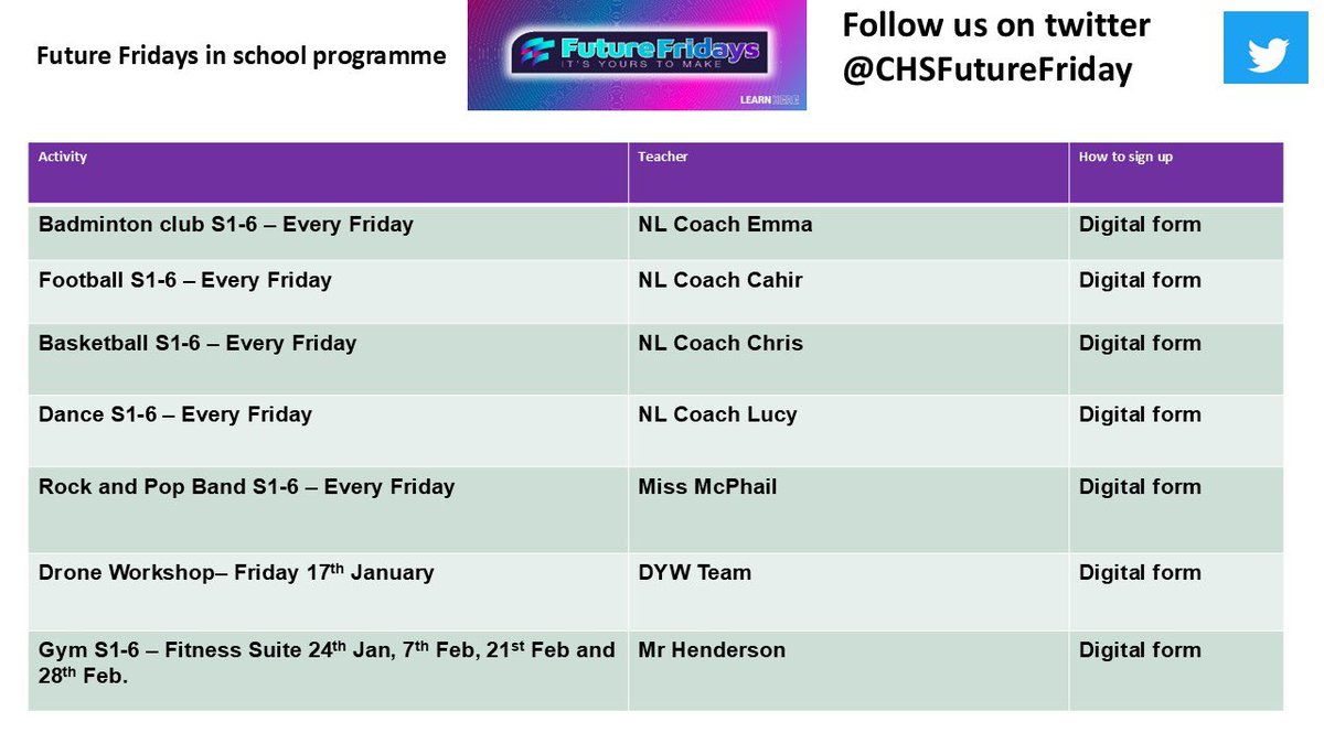 CHSFutureFriday's tweet photo. ⭐️Future Fridays Activities ⭐️

Future Fridays returns this week with lot’s of activities on offer! 😃 https://t.co/ck2CxCeVK7