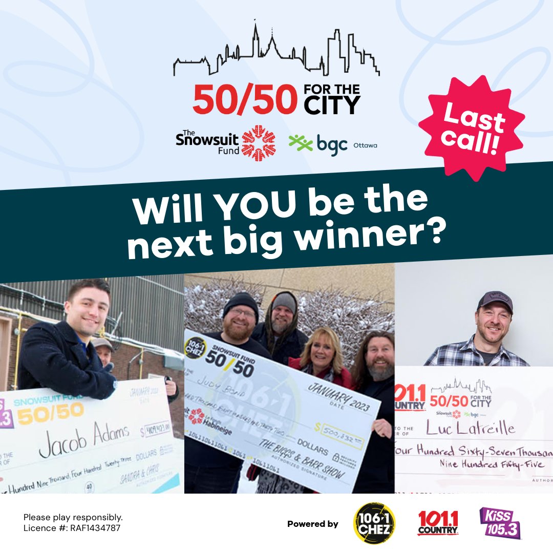 bgcottawa's tweet photo. 📢 Last call! 📢

💸 The 50/50 For The City take-home jackpot is sitting at $421,000+ with only TWO HOURS to go! 🤑

Don’t miss your chance to WIN BIG while supporting @SnowsuitFund and BGC Ottawa!

🎟️ https://t.co/Yx4MHudDGU

Will it be YOUR lucky day?

In 2022, Jacob won over $400,000.
In 2023, Judy took home over $500,000.
Last year, Luc received over $460,000!

#5050ForTheCity #WinBig #SnowsuitFund #BGCOttawa #Ottawa

@kissottawa
@1061CHEZ
@country101_1