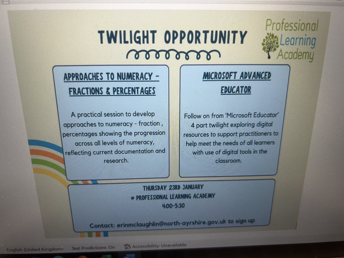 NAC Learning Academy (@nac_pla) on Twitter photo Two twilight opportunities next Thursday 23rd January at the PLA. Sign up on Gateway or contact erinmclaughlin@northayrshire.gov.uk Two twilight opportunities next Thursday 23rd January at the PLA. Sign up on Gateway or contact erinmclaughlin@northayrshire.gov.uk