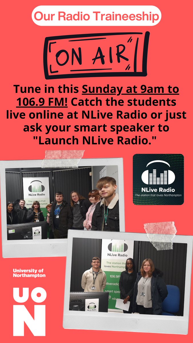 AspireHigher (@aspirehighernet) on Twitter photo Follow these students in our radio traineeship with <a href="/NLiveRadio/">NLive Radio - The Station that LOVES Northampton</a>🎙️
Catch their weekly show every Sunday at 9am on 106.9 FM (if you’re in Northampton), listen live online at NLive Radio or just ask your smart speaker to “Launch NLive Radio.” Don’t miss out on the fun! 📻✨ Follow these students in our radio traineeship with <a href="/NLiveRadio/">NLive Radio - The Station that LOVES Northampton</a>🎙️
Catch their weekly show every Sunday at 9am on 106.9 FM (if you’re in Northampton), listen live online at NLive Radio or just ask your smart speaker to “Launch NLive Radio.” Don’t miss out on the fun! 📻✨