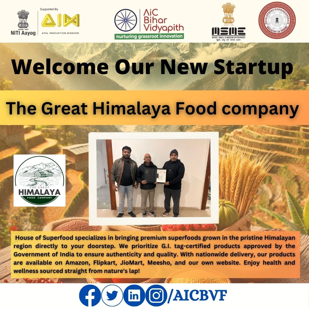 AICBVF's tweet photo. Proud to announce the signing of an MoU with The Great Himalaya Food Company as a new startup under AIC Bihar Vidyapith's guidance.
#HouseOfSuperfood #HimalayanSuperfoods #GITagProducts #NaturalWellness #HealthyLiving #FarmToTable #PureAndAuthentic #SuperfoodsIndia @pskarn https://t.co/zJAE3ob7Nx