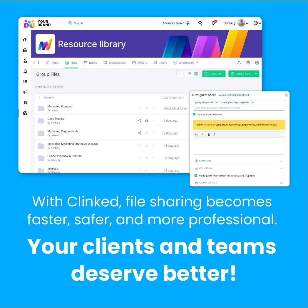 clinked's tweet image. 📂 Say goodbye to lost attachments and unreliable transfers. With Clinked:

✔ Store and share securely in one place
✔ Access files anytime, anywhere
✔ Set granular permissions for full control

Explore more: hubs.ly/Q032YVcC0
#FileSharing #Clinked