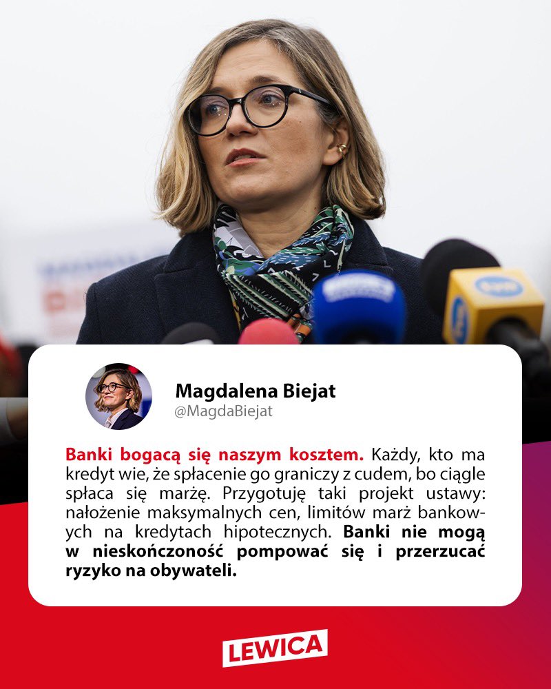 __Lewica's tweet photo. 💬 „Prezydent ma inicjatywę ustawodawczą. Ogłosiłam, że złożę taką inicjatywę w kwestii kredytów hipotecznych. Kwestia dostępu do mieszkań jest ważnym tematem. Dzisiaj coraz mniej osób stać na mieszkanie i na wzięcie kredytu.

⬆️ Kandydatka na Prezydenta RP, Wicemarszałkini Senatu RP @MagdaBiejat