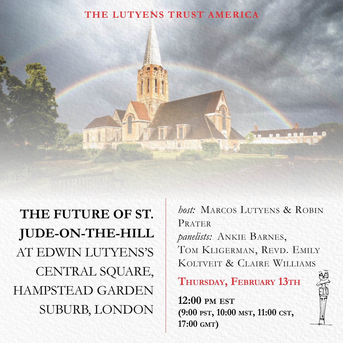 Lutyens' masterpiece, St Jude-on-the-Hill stands handsome at the heart of Hampstead Garden Suburb,  a gem inside and out but is facing challenges.  Join an expert team to learn more online on 13 February.  Register with LT America.