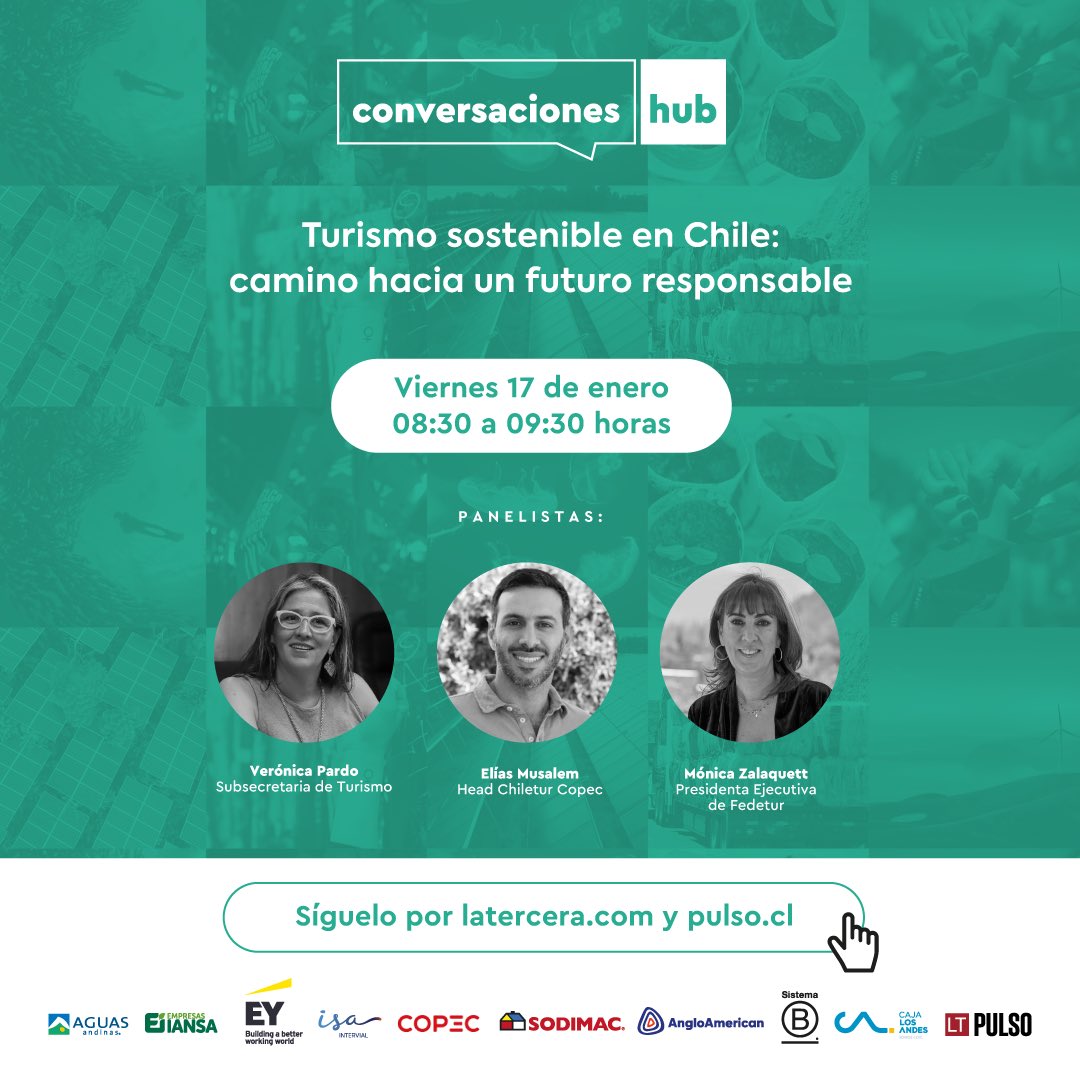 LT Pulso (@pulso_lt) on Twitter photo Chile, rico en biodiversidad, tiene un gran desafío a nivel turismo para que sea cada día más sostenible. Hoy en #HubSustentabilidad conversamos con <a href="/monicazalaquett/">Mónica Zalaquett S.</a> de <a href="/FEDETUR_Chile/">Federación de Empresas de Turismo de Chile</a> <a href="/subturismo/">Subsecretaría de Turismo</a> <a href="/VeroPardoLagos/">Vero Pardo</a> y Elías Musalem de Chiletur <a href="/copec_cl/">COPEC</a>
latercera.com Chile, rico en biodiversidad, tiene un gran desafío a nivel turismo para que sea cada día más sostenible. Hoy en #HubSustentabilidad conversamos con <a href="/monicazalaquett/">Mónica Zalaquett S.</a> de <a href="/FEDETUR_Chile/">Federación de Empresas de Turismo de Chile</a> <a href="/subturismo/">Subsecretaría de Turismo</a> <a href="/VeroPardoLagos/">Vero Pardo</a> y Elías Musalem de Chiletur <a href="/copec_cl/">COPEC</a>
latercera.com