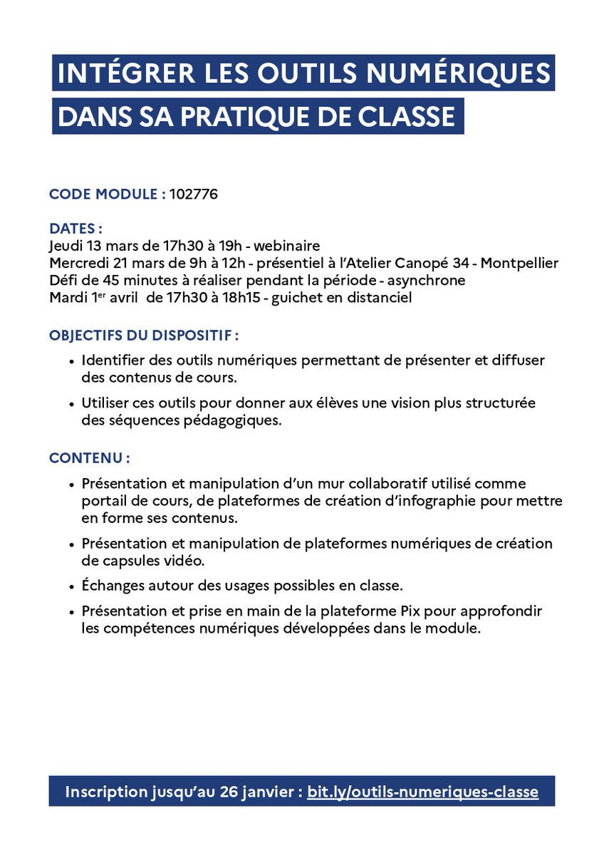 🚀Envie de dynamiser vos pratiques pédagogiques grâce aux outils numériques ?
📖 Découvrez notre formation en 4 temps  !
📌 Consultez le programme complet : shorturl.at/PAurL
⏳ Inscription avant le 26 janvier 2025 : shorturl.at/LSxKv