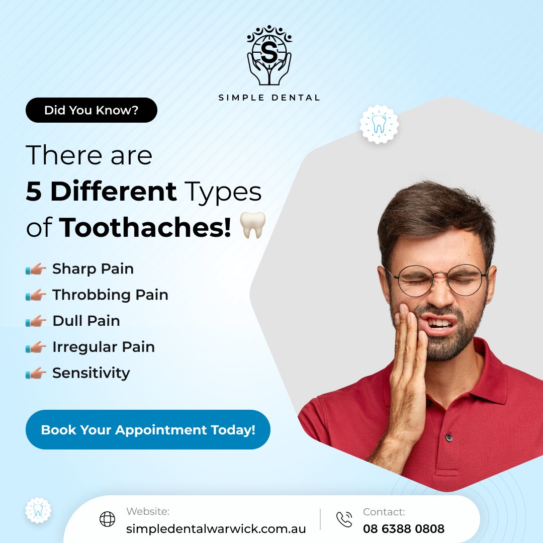simpledentalwa's tweet photo. ๐ฆท Did you know?
There are 5 types of #toothaches๐ค
๐น Sharp Pain
๐น Throbbing Pain
๐น Dull Pain
๐น Irregular Pain
๐น Sensitivity
Donโt wait if you're feeling any pain - Schedule a visit today with Simple Dental Warwick. Your smile deserves the best!
๐ https://t.co/3l0BLe3LVl https://t.co/ajyB8ZV659