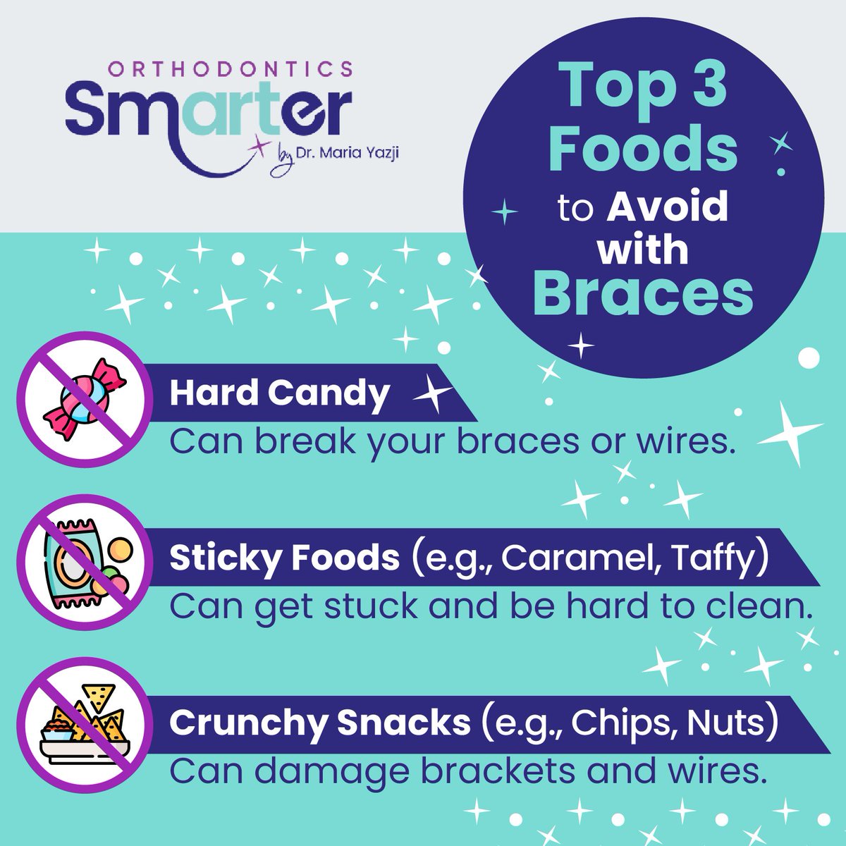 DrYazjiOrtho's tweet image. 🍴 Foods to Avoid with Braces! Sticky, hard, or chewy snacks can damage your braces. Stay smile-ready with our tips! 🦷✨
#BracesCare #SmileSafe #SnackSmart #OrthoTips #HealthyChoices #orthodontics #orthodontictreatment #SmarterOrthodontics #DrMariaYazji #braces #oralhealth