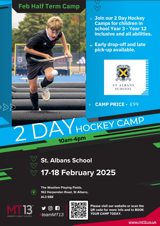 Invitation to attend the next <a href="/MT__13/">MT13</a> hockey camp we are hosting at Woollams. All junior hockey players of all abilities welcome. Please sign up via link or QR code on flyer. mt13.co.uk/event/st-alban… <a href="/HHC_juniors/">HarpendenHC juniors</a> <a href="/StAlbansHC/">S.A.H.C.</a> <a href="/BWPSport/">Beechwood Park Sport</a> <a href="/aldwickbury/">Aldwickbury School</a>
