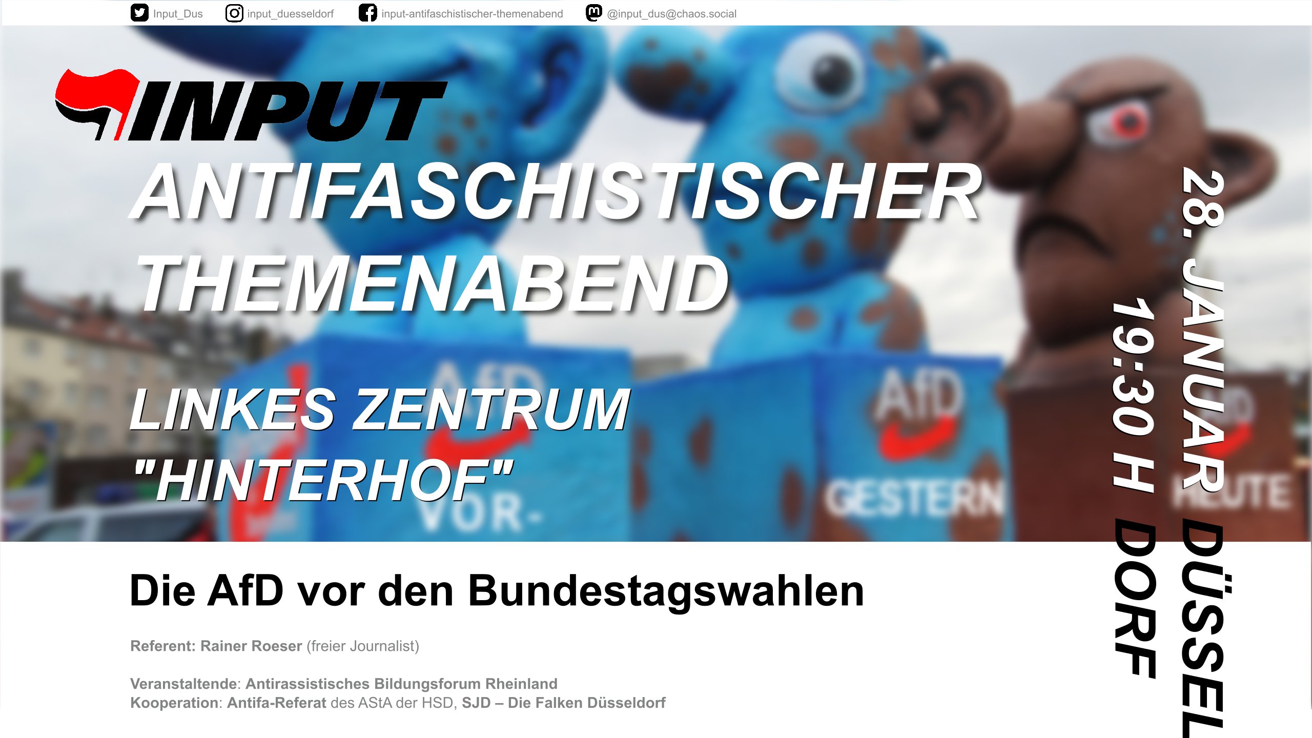 Sharepic INPUT 01/2025: Im Hintergrund Karnevalswagen mit drei AfD-Köpfen. Im Vordergrund die Angaben zur Veranstaltung wie im tweet.