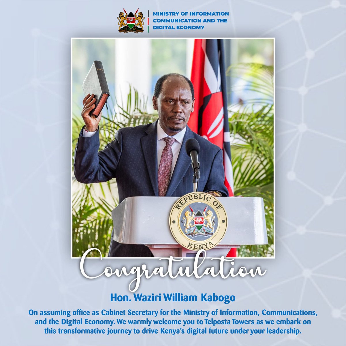 tanuijohn's tweet photo. Congratulations Waziri Hon. William Kabogo Gitau @honkabogo on your swearing-in as the Cabinet Secretary for the Ministry of Information, Communications & The Digital Economy KE @MoICTKenya .Your leadership is poised to steer our nation into a new era of digital transformation. Welcome to the Ministry, and here's to a successful and impactful tenure.
@ictdigitalke