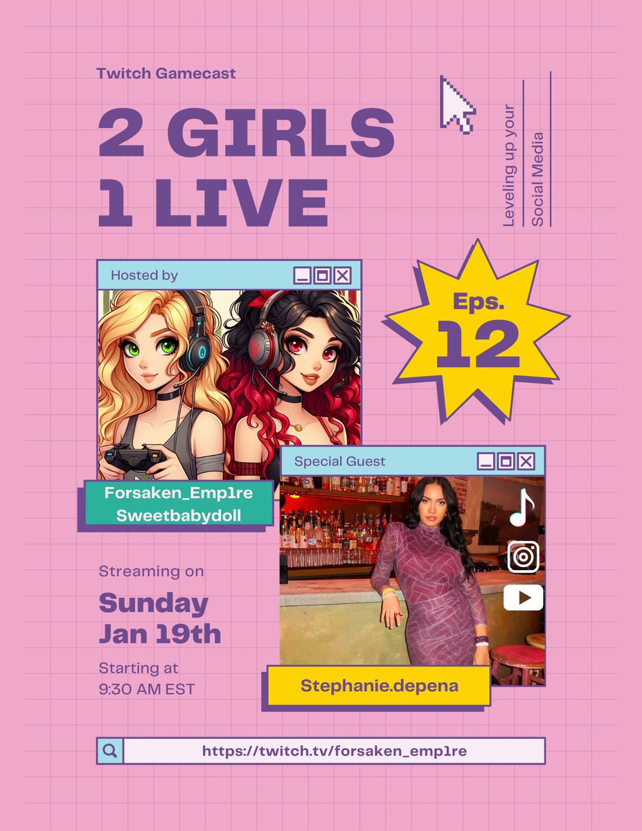 Forsaken_Emp1re | Twitch (@forsaken_emp1re) on Twitter photo 2 Girls 1 Live Sunday!
9:30am-11am EST
Episode 12: Leveling up your Social Media with Special Guest Stephanie.Depena
Come vibe & gain knowledge to help you level them social medias up! ** We’re so honored to have you Steph♥️**
Twitch.tv/forsaken_emp1re
<a href="/iamdeedj/">DeeDJ⚪️⚫️🐝🇲🇽</a> <a href="/Mr_Curlzz_/">Mr_Curlzz_</a> 2 Girls 1 Live Sunday!
9:30am-11am EST
Episode 12: Leveling up your Social Media with Special Guest Stephanie.Depena
Come vibe & gain knowledge to help you level them social medias up! ** We’re so honored to have you Steph♥️**
Twitch.tv/forsaken_emp1re
<a href="/iamdeedj/">DeeDJ⚪️⚫️🐝🇲🇽</a> <a href="/Mr_Curlzz_/">Mr_Curlzz_</a>