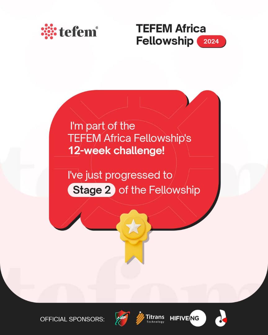 praisechukzs's tweet photo. I’m excited to have advanced to Stage 2 of the TEFEM Africa Fellowship 2024 and taking on a 12-week social media challenge with TEFEM!

#tefem https://t.co/K1ASqTNyJZ