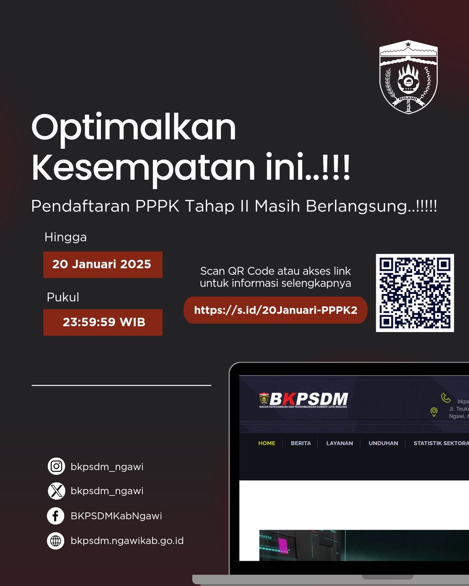 Guna memberikan kesempatan yang lebih luas kepada seluruh pegawai Non ASN yang terdata dalam database BKN untuk bisa diangkat menjadi PPPK, seleksi Tahap II diperpanjang hingga 20 Januari 2025

s.id/20Januari-PPPK2

<a href="/ngawikab_/">Pemerintah Kabupaten Ngawi</a>