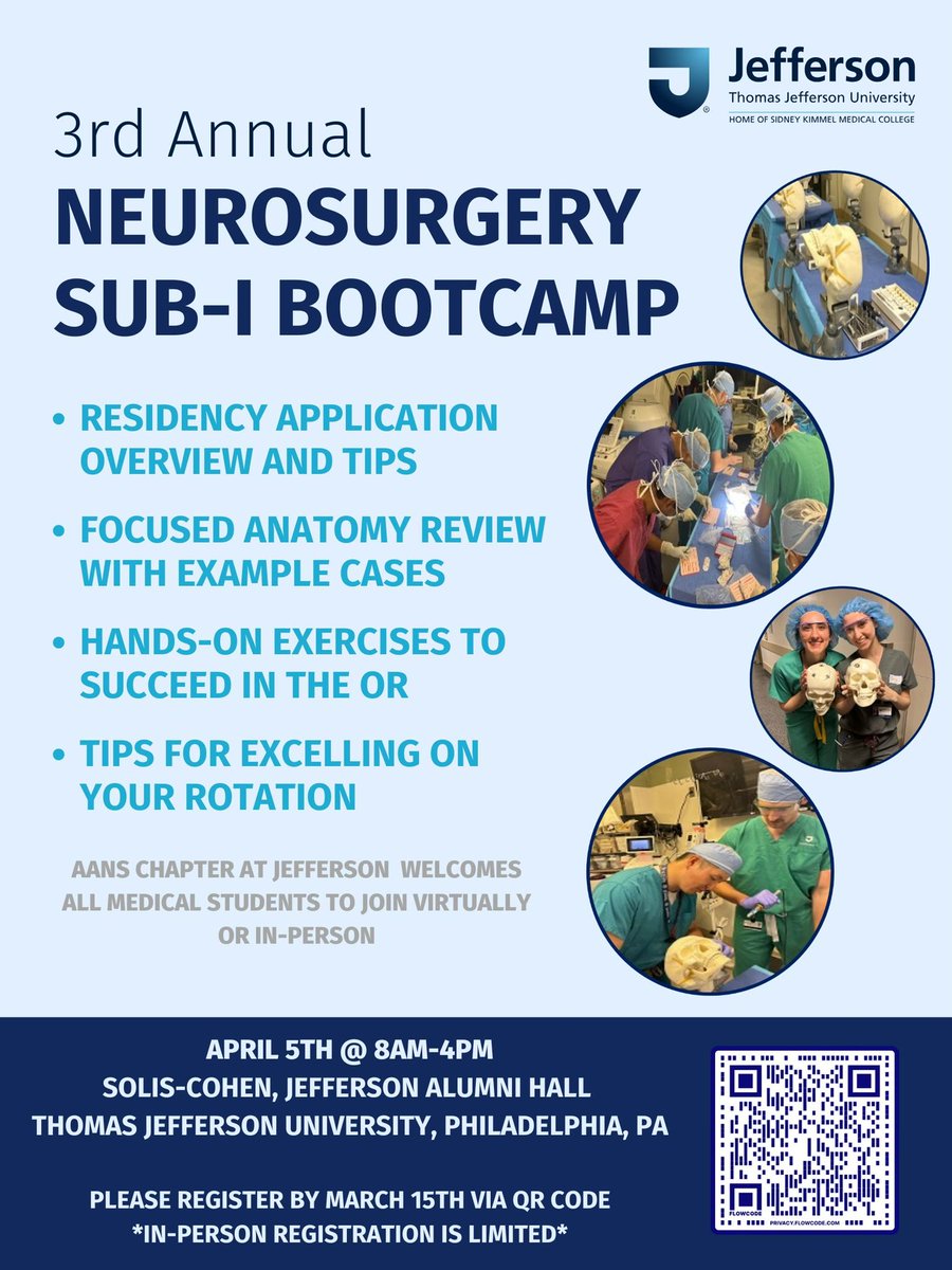 We are excited to share our 3rd annual Jefferson Neurosurgery Sub-I Bootcamp on April 5th! Join us virtually or in-person and learn all of the skills you need to excel on your rotations. Register by March 15th using the link below (in-person registration is limited)! 🧠
