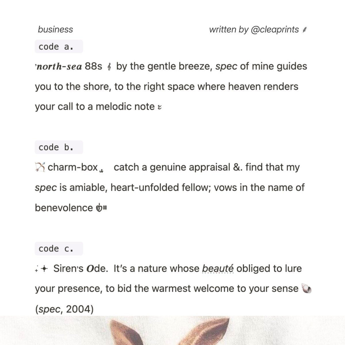 cleaprints's tweet photo. ✱ help repost, please. thanks! ♡

     haaai! aku bawa 5 simple elegant wording bio buat business acc kalian.ᐟ
     lebih detailnya bisa dilihat di ALT yaa. 
     go go grab it fast! 💓

     kindly hit me up on DM if you're interested. #zonauang

     xoxo, clea ⸙ https://t.co/y2eXoNOgAl
