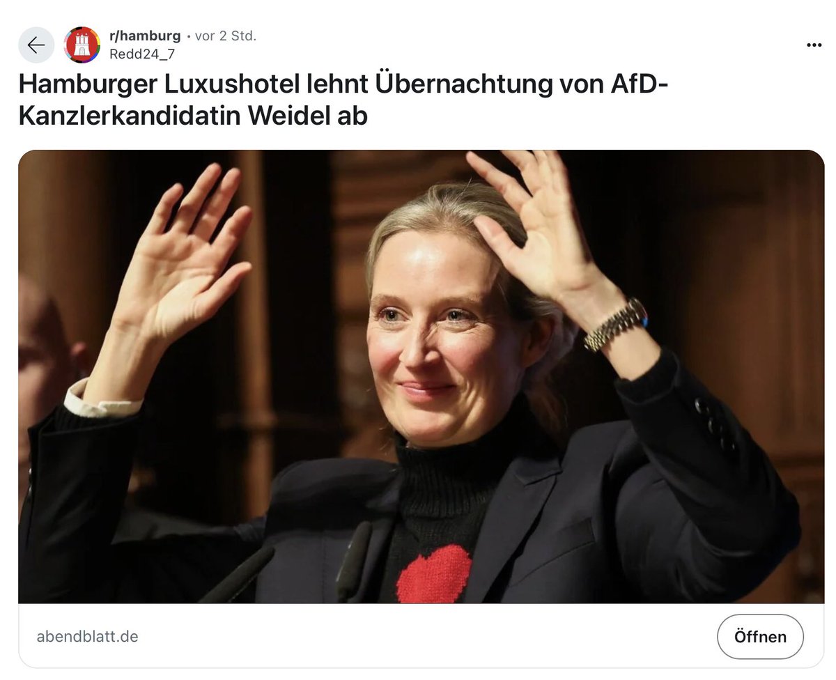schweizok2's tweet photo. @hamburg_de 🇩🇪
Mal schauen, wie die Geschäftsleitung des Hotel #LouisCJacob
reagiert, wenn Frau @Alice_Weidel zur Bundeskanzlerin der Bundesrepublik Deutschland gewählt wurde 🤔
Nach @abendblatt Informationen
👇👇👇 https://t.co/quHs7vSSsY