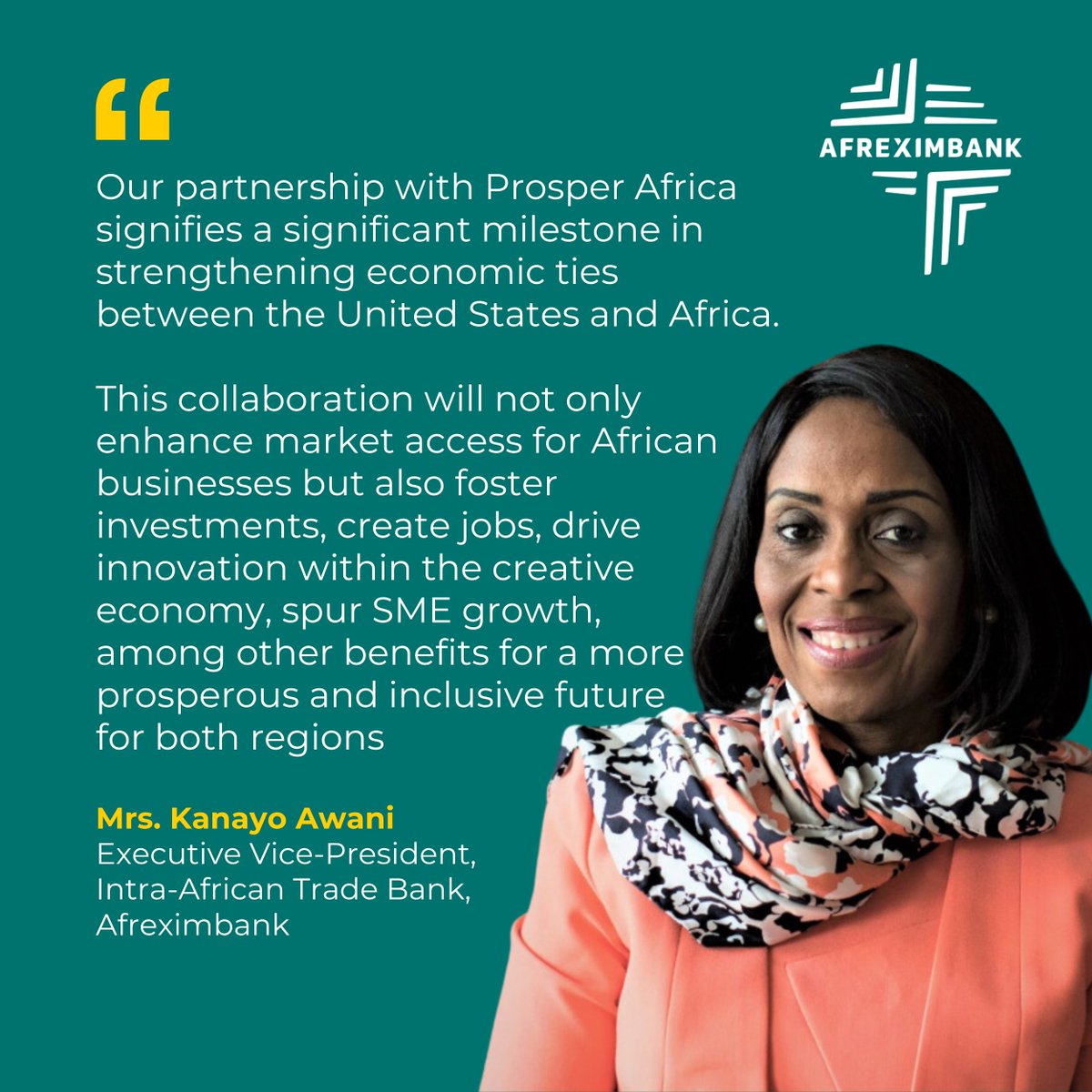 afreximbank's tweet photo. .@ProsperAfricaUS and Afreximbank have signed a strategic partnership to unlock trade and investment between the U.S. and Africa, boosting capital access, SME growth, creative industries, #AGOA utilization, and job creation.
-----
Prosper Africa et Afreximbank annoncent un nouveau partenariat pour mobiliser les opportunités commerciales entre les États-Unis et l’Afrique

[EN] https://t.co/armT5JEALh

[FR] https://t.co/TfuHcOjKHY

#Afreximbank #ProsperAfrica #Trade #Investment #SMEs