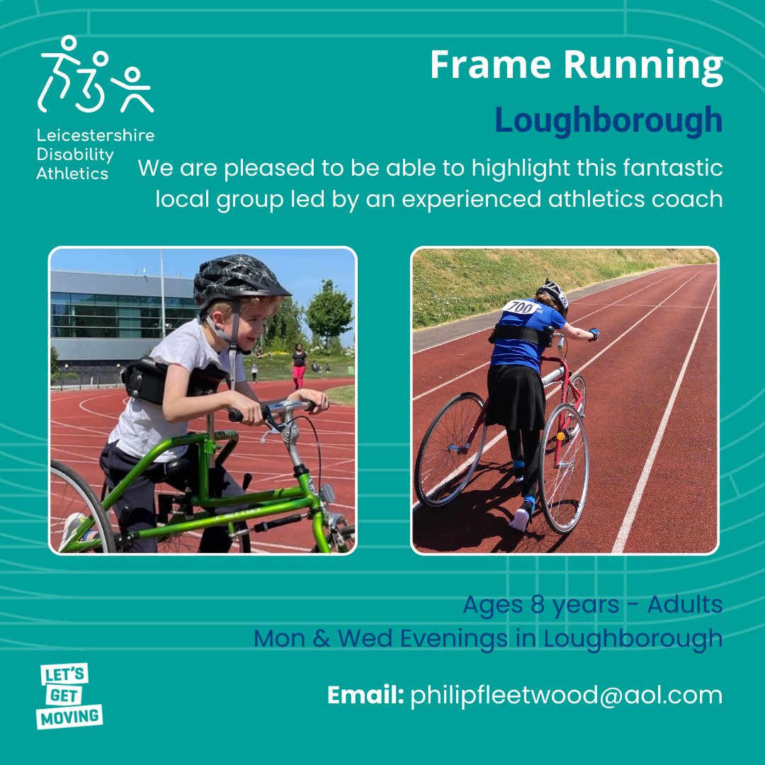 ActiveCharnwood's tweet photo. Are you unable to run? Do you rely on sports aids for mobility &amp; balance? This Loughborough group might be for you!

#FrameRunning is a sport for children and adults that uses a three wheeled frame with a saddle and body plate.

Contact: philipfleetwood@aol.com https://t.co/qPZyUxc2zr