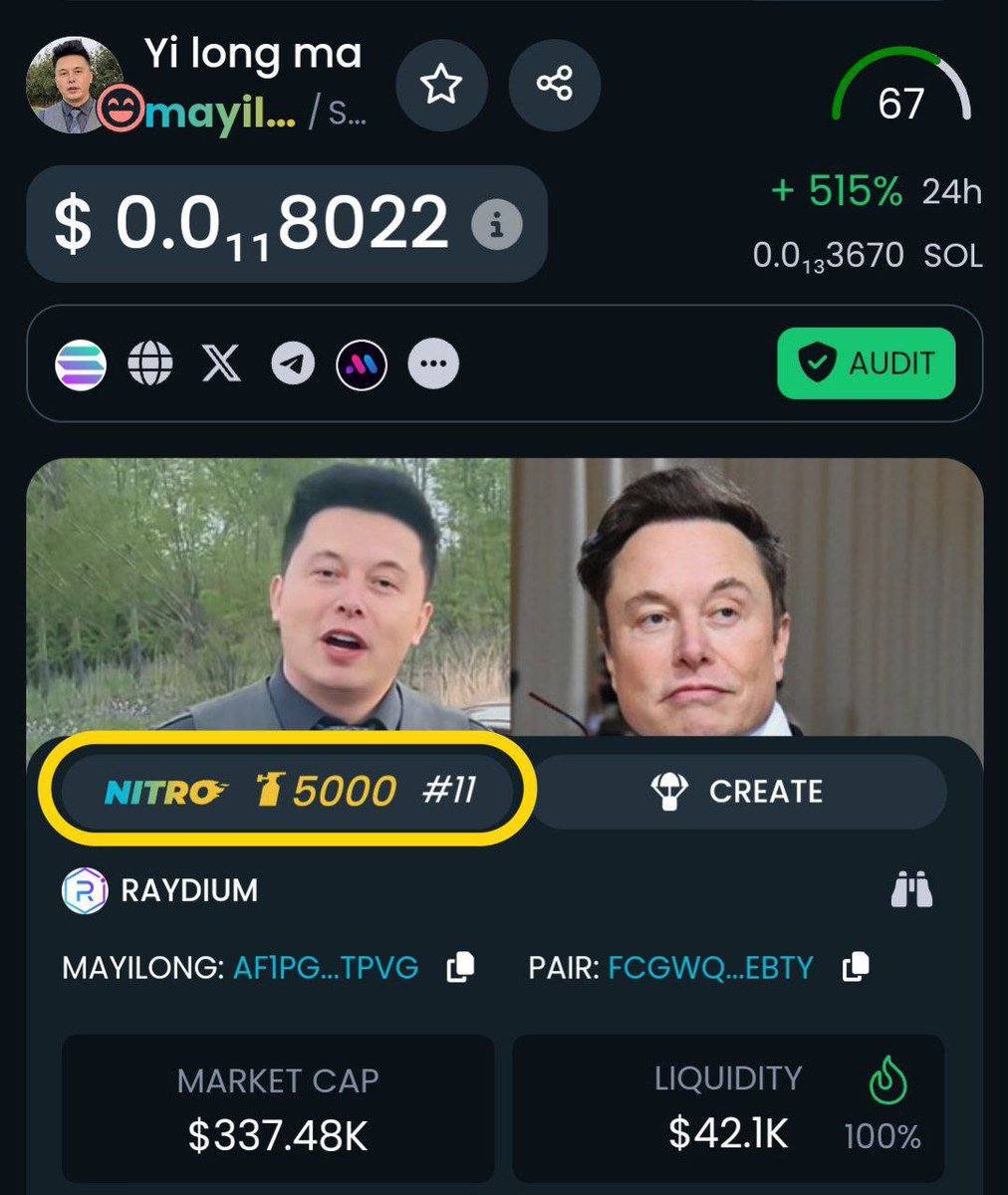 Yilongmaxcto's tweet photo. Yi long ma 🇺🇸🇨🇳 🚗
$mayilong IS NITRO BOOSTED 5000× ON @DEXToolsApp🪙🪙🪙⚡⚡

NEXT DEXTOOLS TRENDING, CMC TOP GAINER, CEX LISTING AND MORE MARKETING COMING⚡️⚡️💎💎💎

LET'S HIT 10 MILLION MCAP TODAY 💚💚🚀🚀
https://t.co/o4cnuKVXDF

Af1pGhpHGtC3Z32mfGSDb4dT1rv7aGsFzbyZK6PVtpvG https://t.co/4yxCzso225