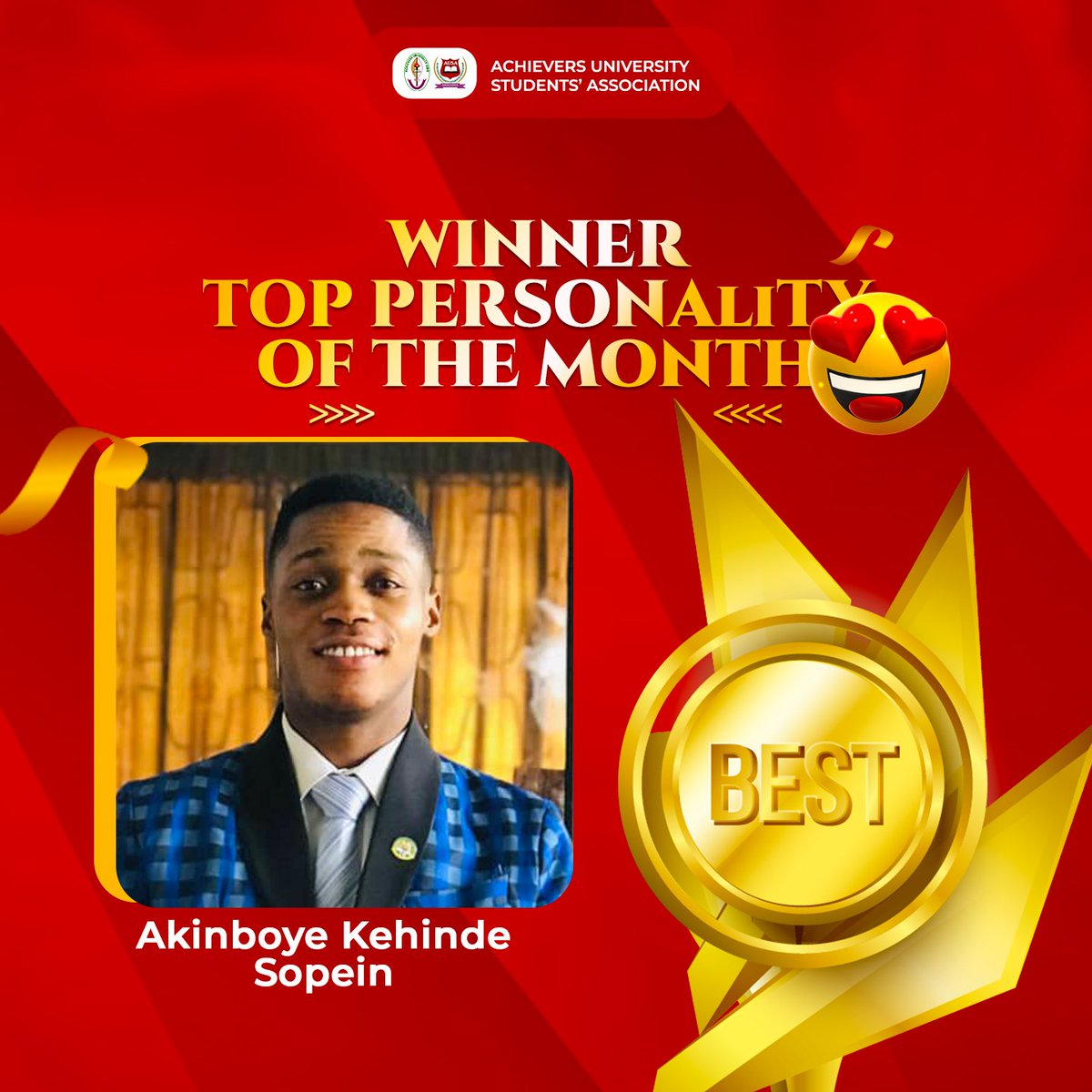 achieversSMC's tweet photo. Our Top personality of the month of January is none other person than AKINBOYE KEHINDE SOPEIN 🎉🎊💃
#Toppersonality
#Fresher
#Achievement 
#Unique
#Special 
#AUSA https://t.co/Mct57Cl2yP